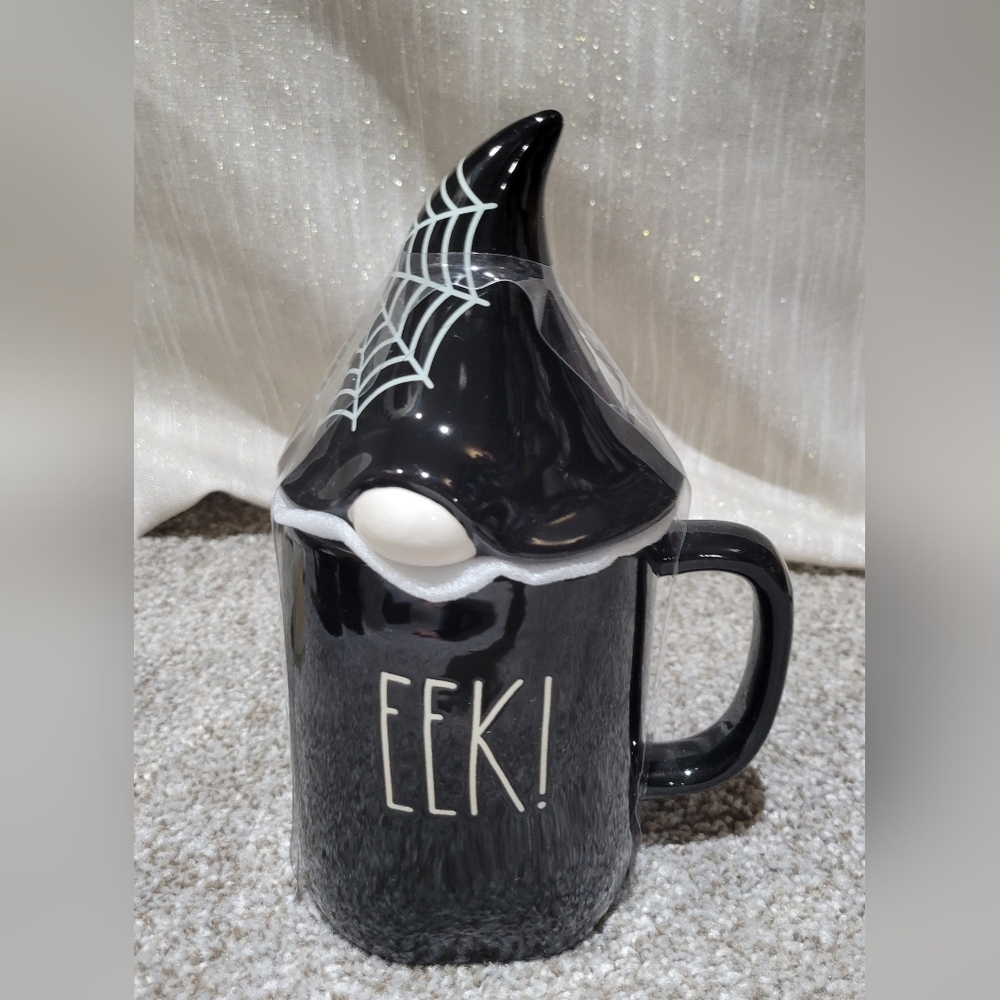 Rae Dunn EEK Gnome Spider Web black Halloween topper mug